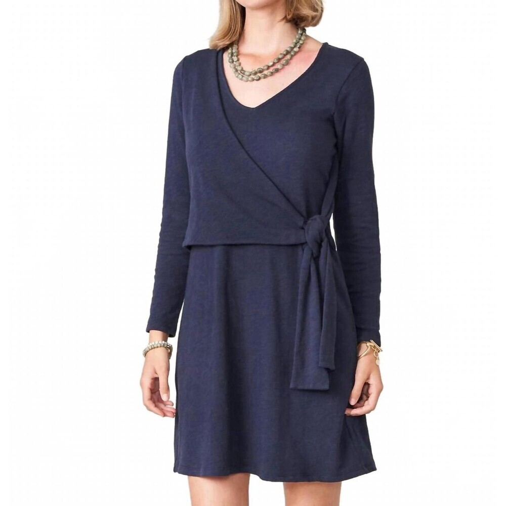 Spartina 449 Deanna Faux Wrap Dress Navy Blue Long Sleeve V Neck Small Coastal